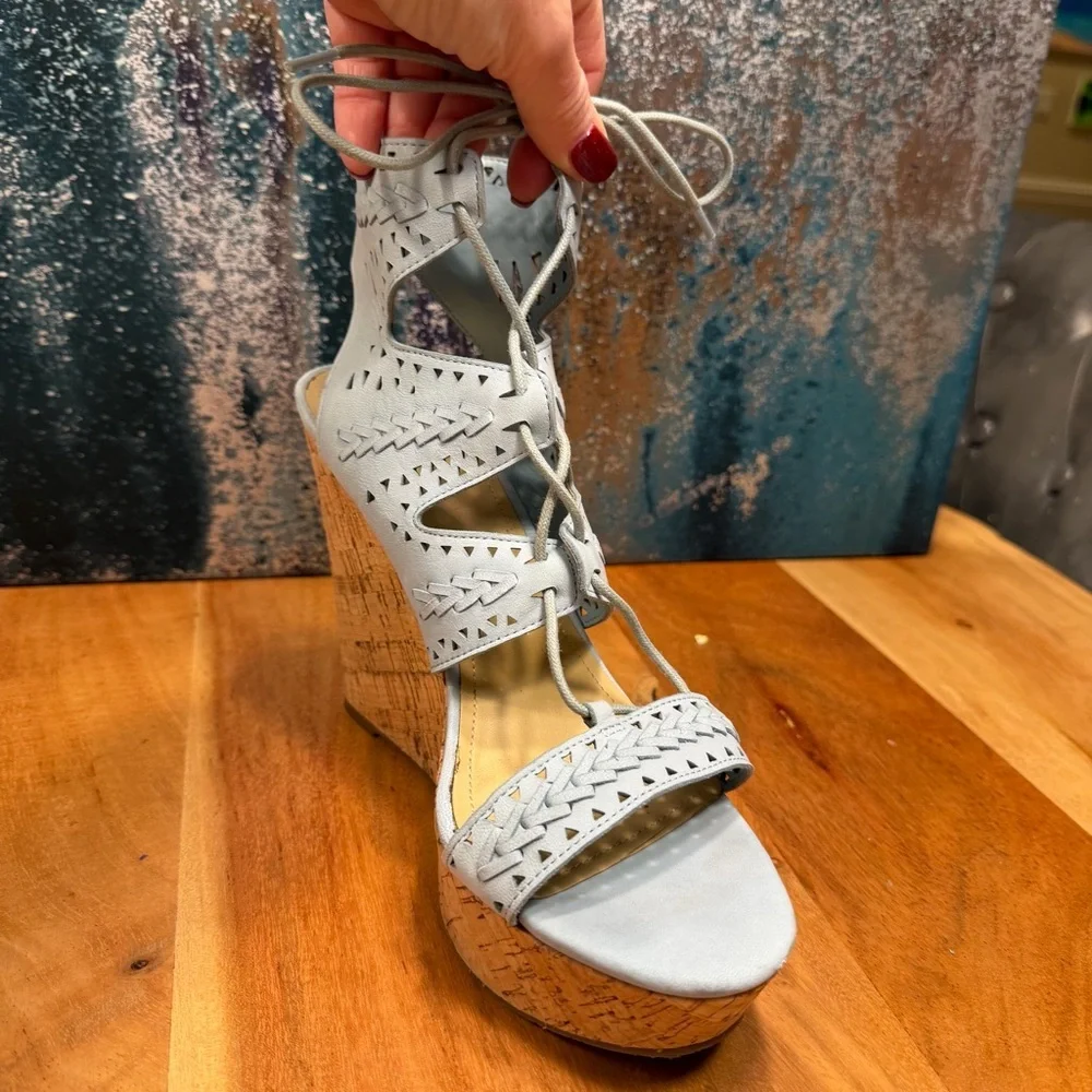 Marc Fisher Boho Chic Leather Lace-Up Cork Wedge Sandals – Light Blue (EUC)